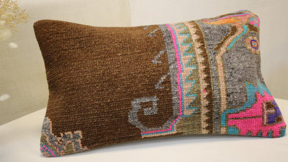 Turkish Kilim Lumbar Pillow 12x20 - Brown Gray Pink Blue Handwoven Cushion