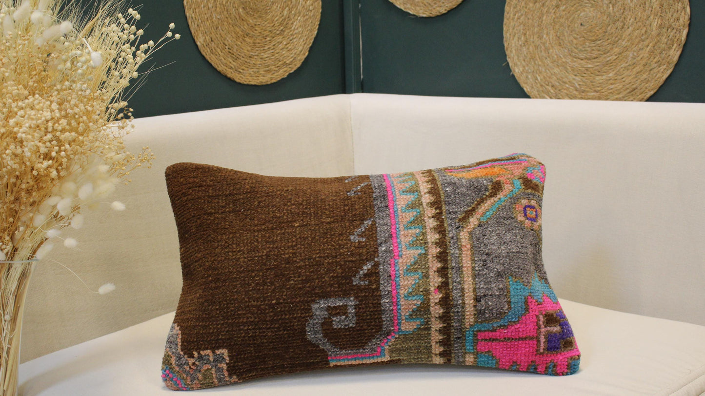 Turkish Kilim Lumbar Pillow 12x20 - Brown Gray Pink Blue Handwoven Cushion