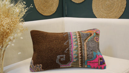 Turkish Kilim Lumbar Pillow 12x20 - Brown Gray Pink Blue Handwoven Cushion