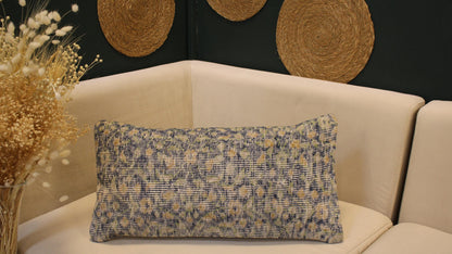 Vintage Turkish Kilim Lumbar Pillow 12x24 - Blue Beige Floral Handwoven Cushion
