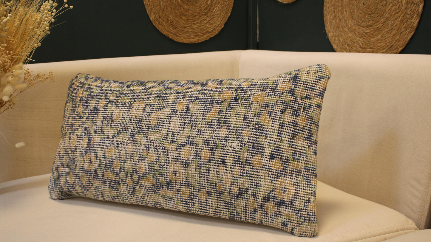 Vintage Turkish Kilim Lumbar Pillow 12x24 - Blue Beige Floral Handwoven Cushion