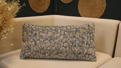 Vintage Turkish Kilim Lumbar Pillow 12x24 - Blue Beige Floral Handwoven Cushion