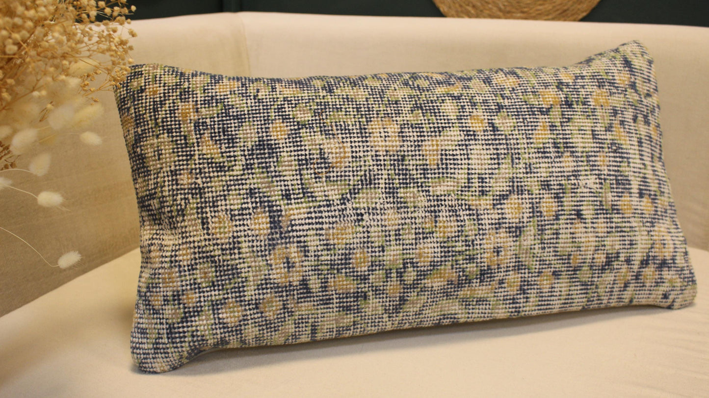 Vintage Turkish Kilim Lumbar Pillow 12x24 - Blue Beige Floral Handwoven Cushion