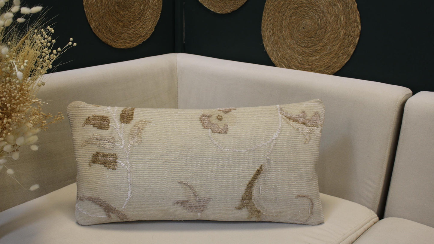 Vintage Turkish Kilim Lumbar Pillow 12x24 - Cream Beige Floral Handwoven Cushion