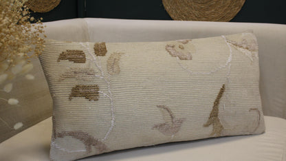 Vintage Turkish Kilim Lumbar Pillow 12x24 - Cream Beige Floral Handwoven Cushion