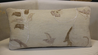 Vintage Turkish Kilim Lumbar Pillow 12x24 - Cream Beige Floral Handwoven Cushion