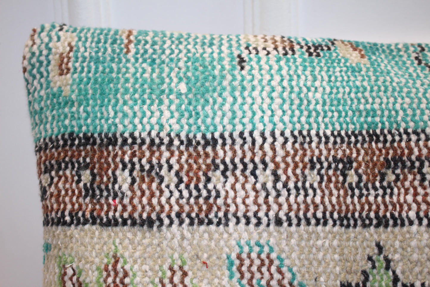Vintage Turkish Kilim Long Lumbar Pillow  - Turquoise Brown Beige Handwoven Cushion(12x48 inch)