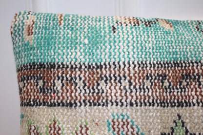 Vintage Turkish Kilim Long Lumbar Pillow  - Turquoise Brown Beige Handwoven Cushion(12x48 inch)