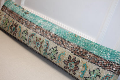 Vintage Turkish Kilim Long Lumbar Pillow  - Turquoise Brown Beige Handwoven Cushion(12x48 inch)