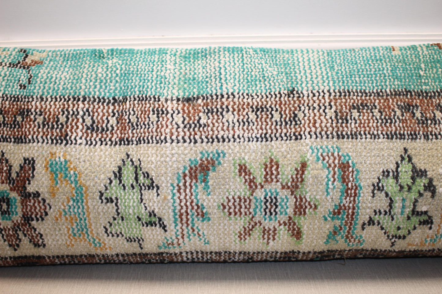 Vintage Turkish Kilim Long Lumbar Pillow  - Turquoise Brown Beige Handwoven Cushion(12x48 inch)