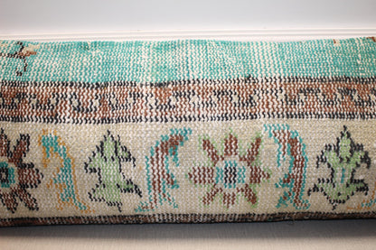 Vintage Turkish Kilim Long Lumbar Pillow  - Turquoise Brown Beige Handwoven Cushion(12x48 inch)