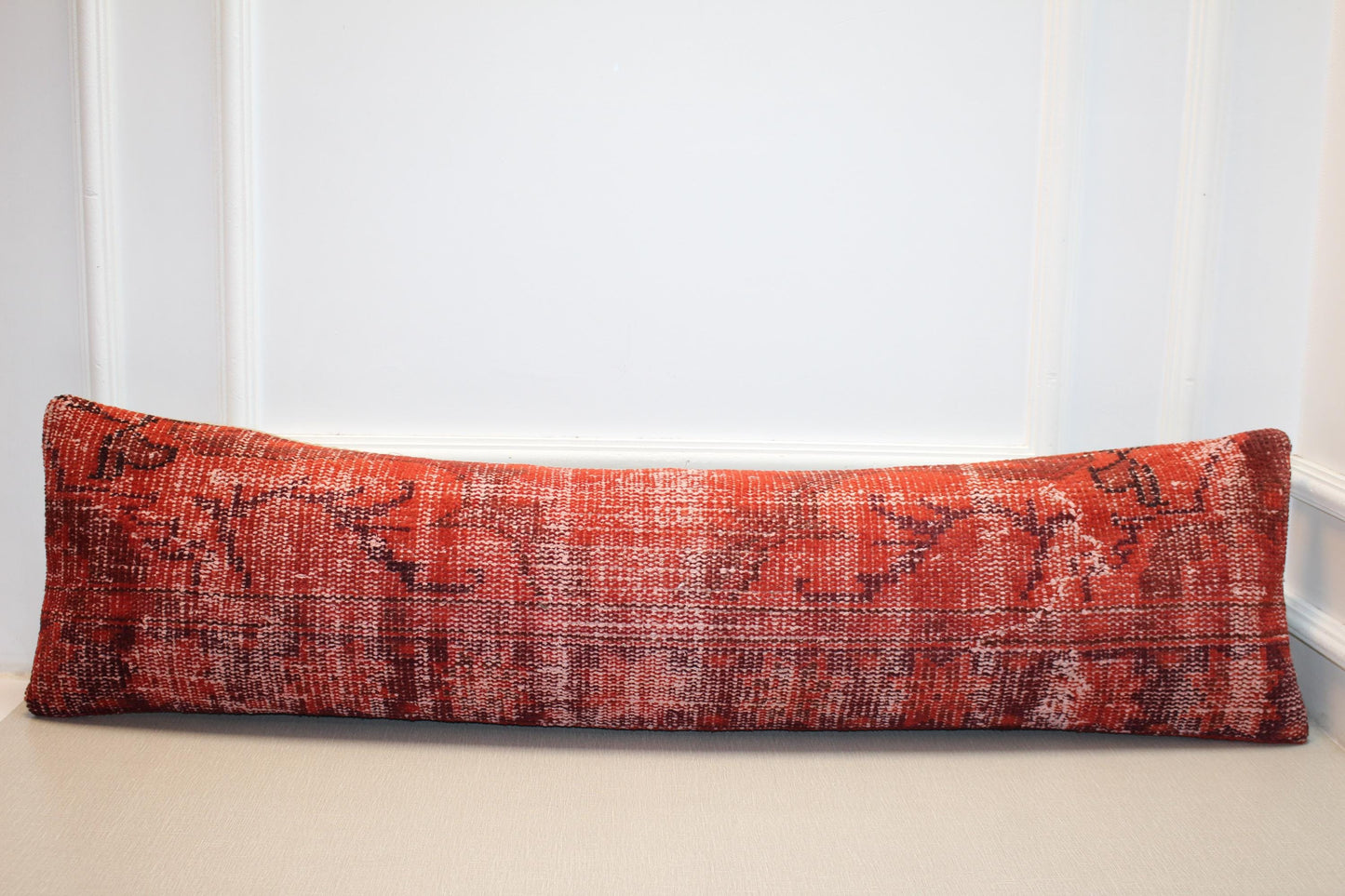 Vintage Turkish Kilim Long Lumbar Pillow  - Red Burgundy Handwoven Cushion(12x48 inch)