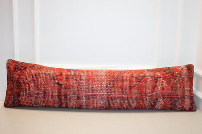 Vintage Turkish Kilim Long Lumbar Pillow  - Red Burgundy Handwoven Cushion(12x48 inch)