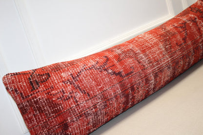 Vintage Turkish Kilim Long Lumbar Pillow  - Red Burgundy Handwoven Cushion(12x48 inch)