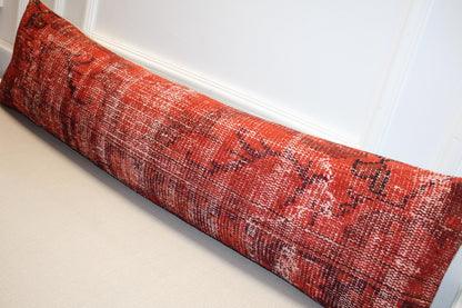 Vintage Turkish Kilim Long Lumbar Pillow  - Red Burgundy Handwoven Cushion(12x48 inch)