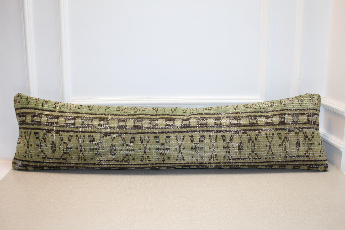 Vintage Turkish Kilim Long Lumbar Pillow - Green Brown Handwoven Cushion(12x48 inch)