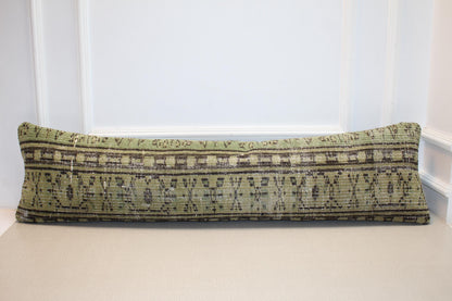 Vintage Turkish Kilim Long Lumbar Pillow - Green Brown Handwoven Cushion(12x48 inch)