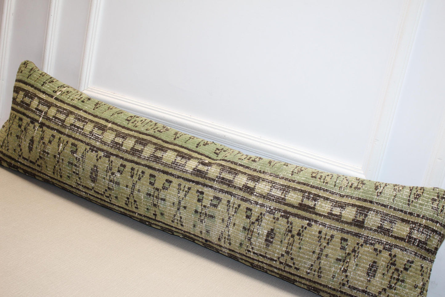 Vintage Turkish Kilim Long Lumbar Pillow - Green Brown Handwoven Cushion(12x48 inch)