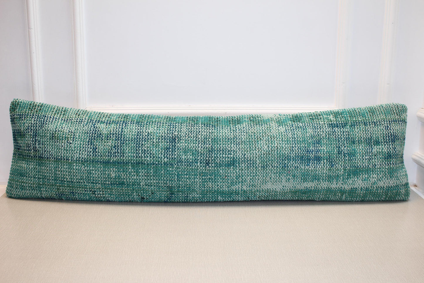 Vintage Turkish Kilim Long Lumbar Pillow - Turquoise Green Handwoven Cushion(12x48 inch)
