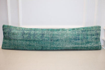 Vintage Turkish Kilim Long Lumbar Pillow - Turquoise Green Handwoven Cushion(12x48 inch)