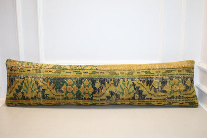 Vintage Turkish Kilim Long Lumbar Pillow - Green Yellow Handwoven Cushion, Boho Rustic (12x48 inch)