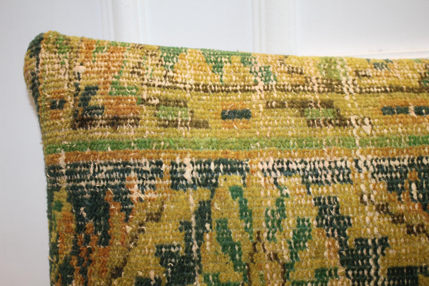 Vintage Turkish Kilim Long Lumbar Pillow - Green Yellow Handwoven Cushion, Boho Rustic (12x48 inch)