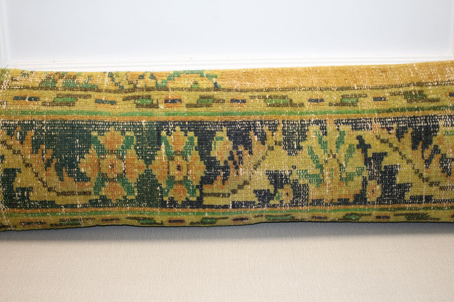 Vintage Turkish Kilim Long Lumbar Pillow - Green Yellow Handwoven Cushion, Boho Rustic (12x48 inch)