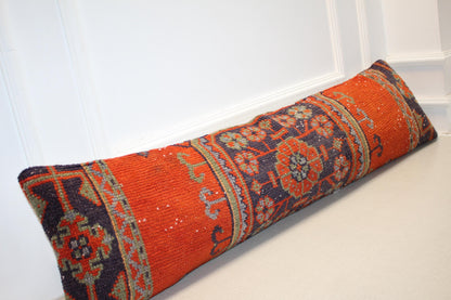 Vintage Turkish Kilim Long Lumbar Pillow - Red Navy Handwoven Cushion, Boho Tribal(12x48 inch)