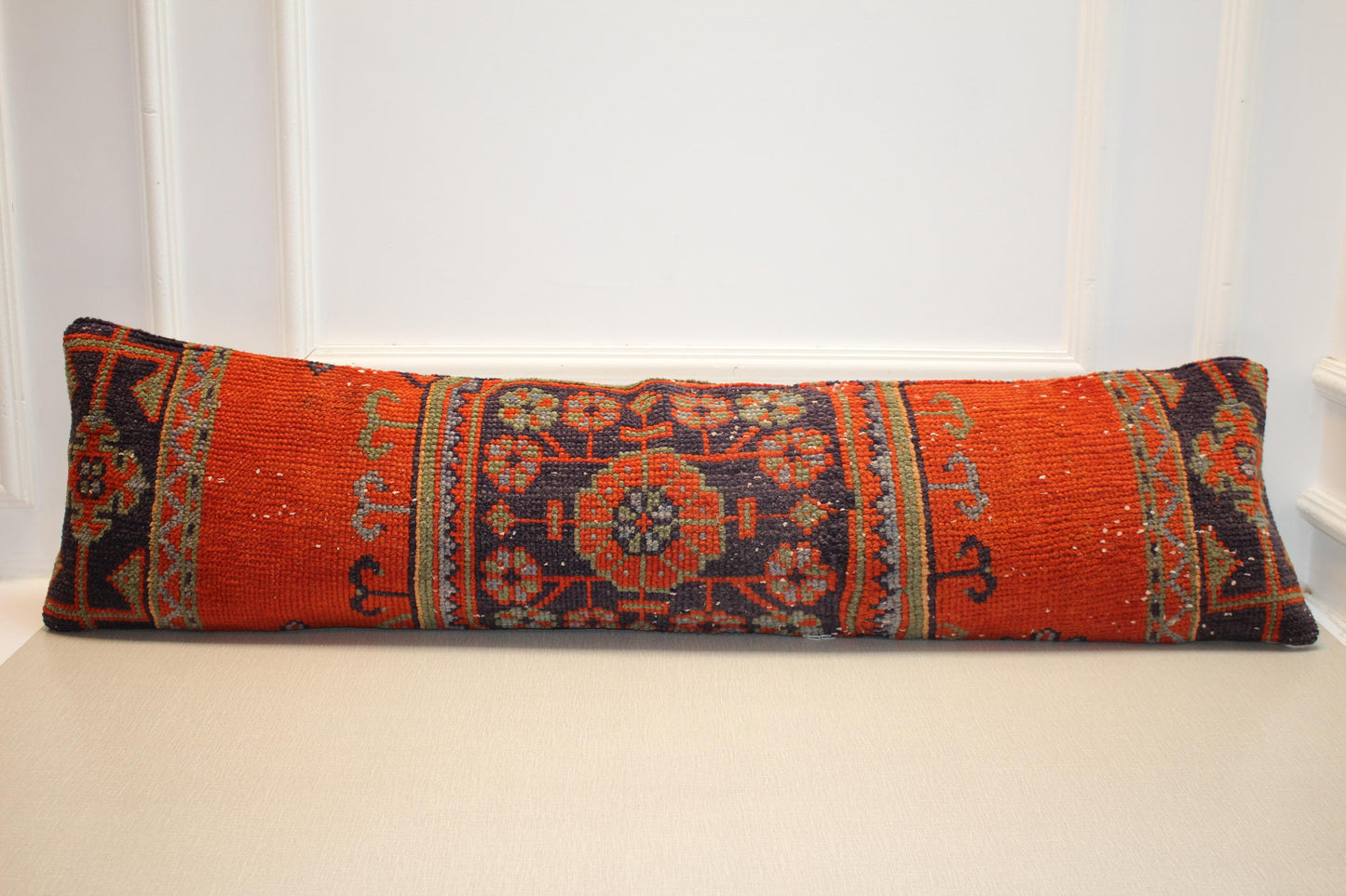 Vintage Turkish Kilim Long Lumbar Pillow - Red Navy Handwoven Cushion, Boho Tribal(12x48 inch)