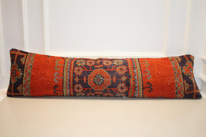 Vintage Turkish Kilim Long Lumbar Pillow - Red Navy Handwoven Cushion, Boho Tribal(12x48 inch)