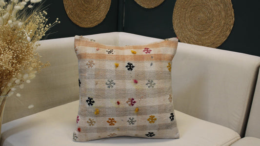 Vintage Turkish Kilim Pillow Cover | Handwoven Boho Cushion | Beige Striped Anatolian Decor