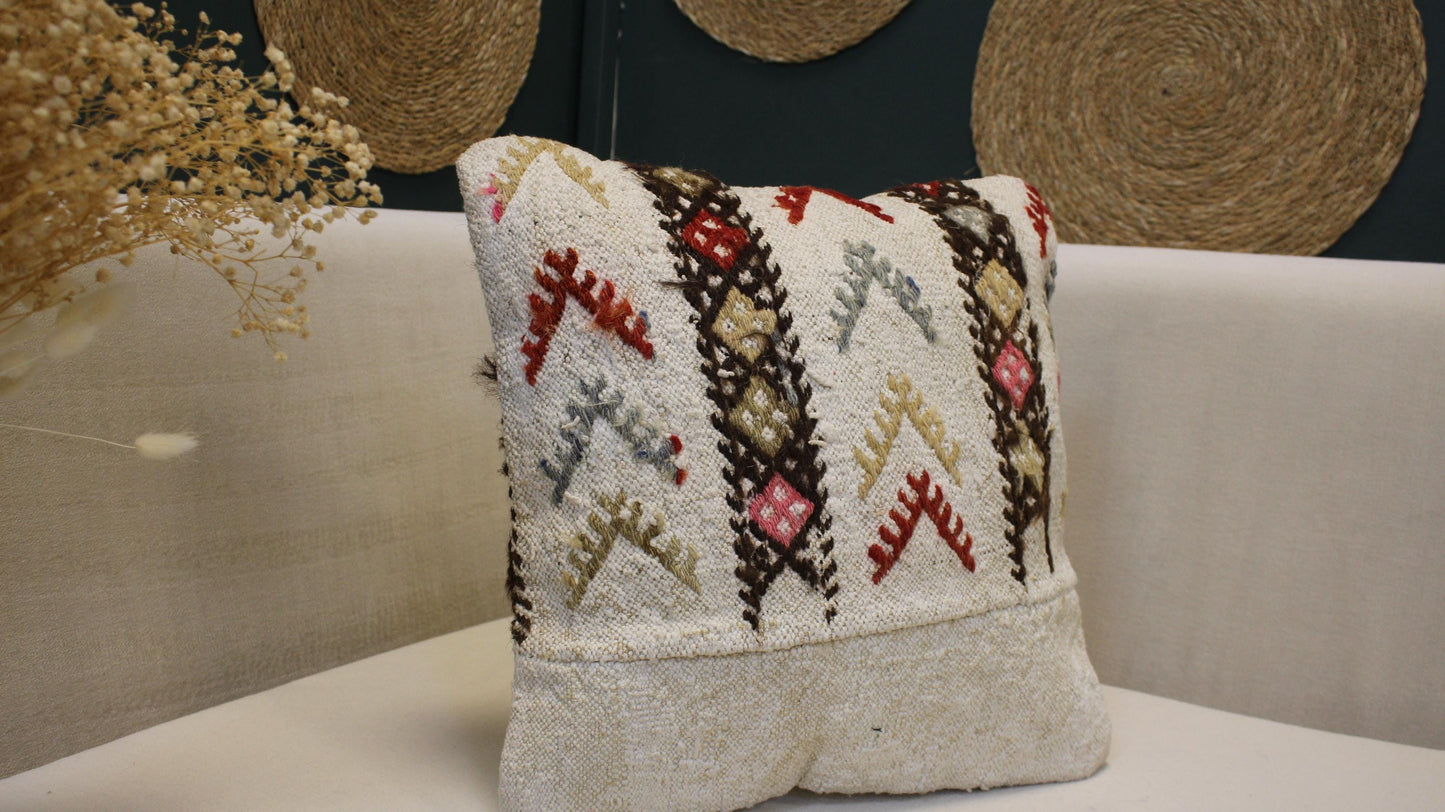 Vintage Turkish Kilim Pillow Cover Cream Anatolian Cushion Handwoven Boho Tribal