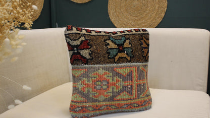 Vintage Turkish Kilim Pillow Cover Brown&Grey Anatolian Cushion Handwoven Tribal Boho (12x12 Inc)