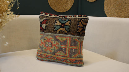 Vintage Turkish Kilim Pillow Cover Brown&Grey Anatolian Cushion Handwoven Tribal Boho (12x12 Inc)