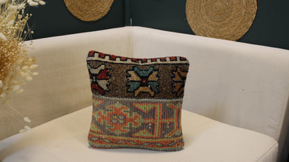 Vintage Turkish Kilim Pillow Cover Brown&Grey Anatolian Cushion Handwoven Tribal Boho (12x12 Inc)