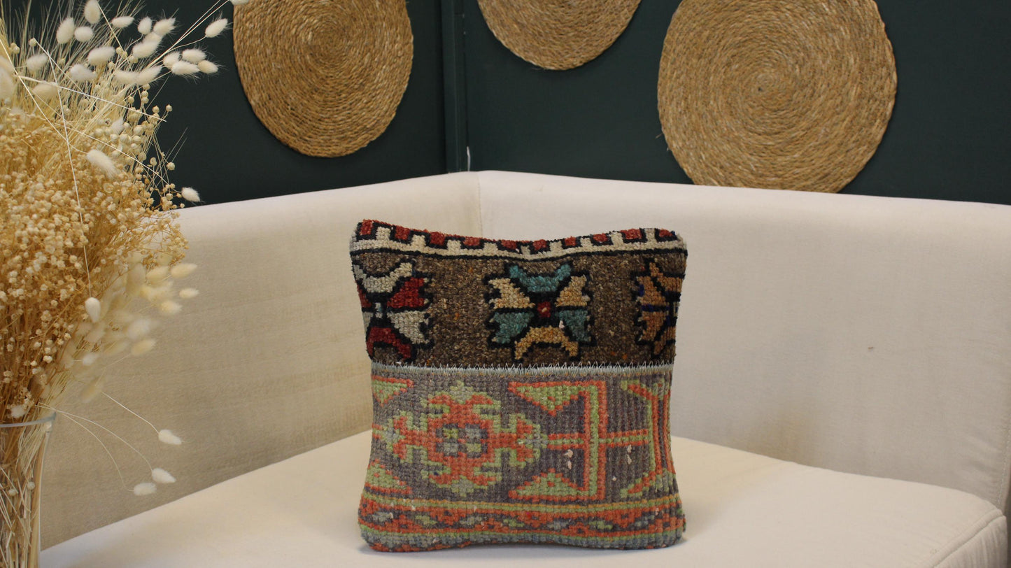 Vintage Turkish Kilim Pillow Cover Brown&Grey Anatolian Cushion Handwoven Tribal Boho (12x12 Inc)