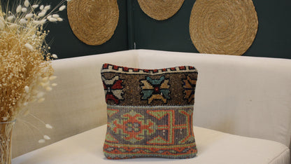 Vintage Turkish Kilim Pillow Cover Brown&Grey Anatolian Cushion Handwoven Tribal Boho (12x12 Inc)