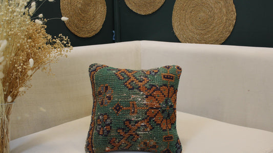 Vintage Turkish Kilim Pillow Cover | Green Anatolian Tribal Cushion | Handwoven Boho Decor(12x12 Inc)