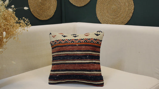 Vintage Turkish Kilim Pillow Cover | Striped Anatolian Cushion | Handwoven Boho Tribal Decor(12x12 Inc)