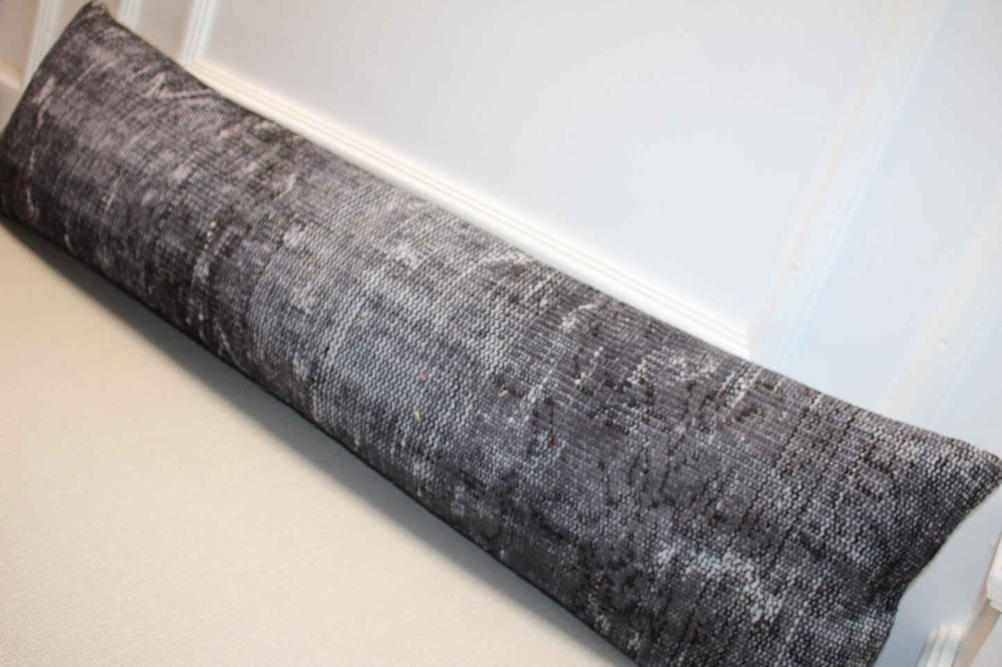 Vintage Turkish Rug Lumbar Pillow Cover – Charcoal Grey Kilim Cushion, Boho Long Bench Pillow12x48