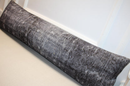 Vintage Turkish Rug Lumbar Pillow Cover – Charcoal Grey Kilim Cushion, Boho Long Bench Pillow12x48