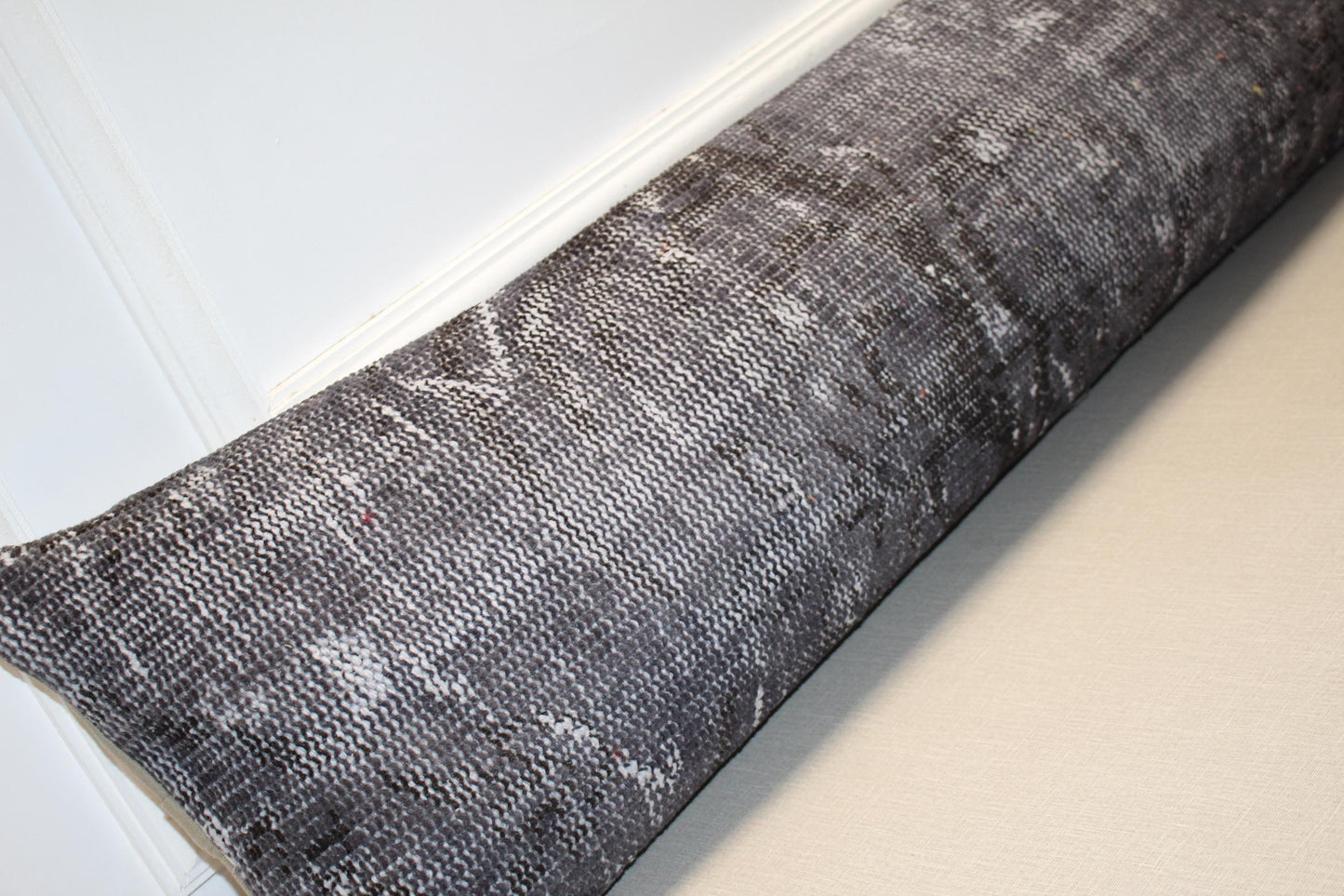 Vintage Turkish Rug Lumbar Pillow Cover – Charcoal Grey Kilim Cushion, Boho Long Bench Pillow12x48