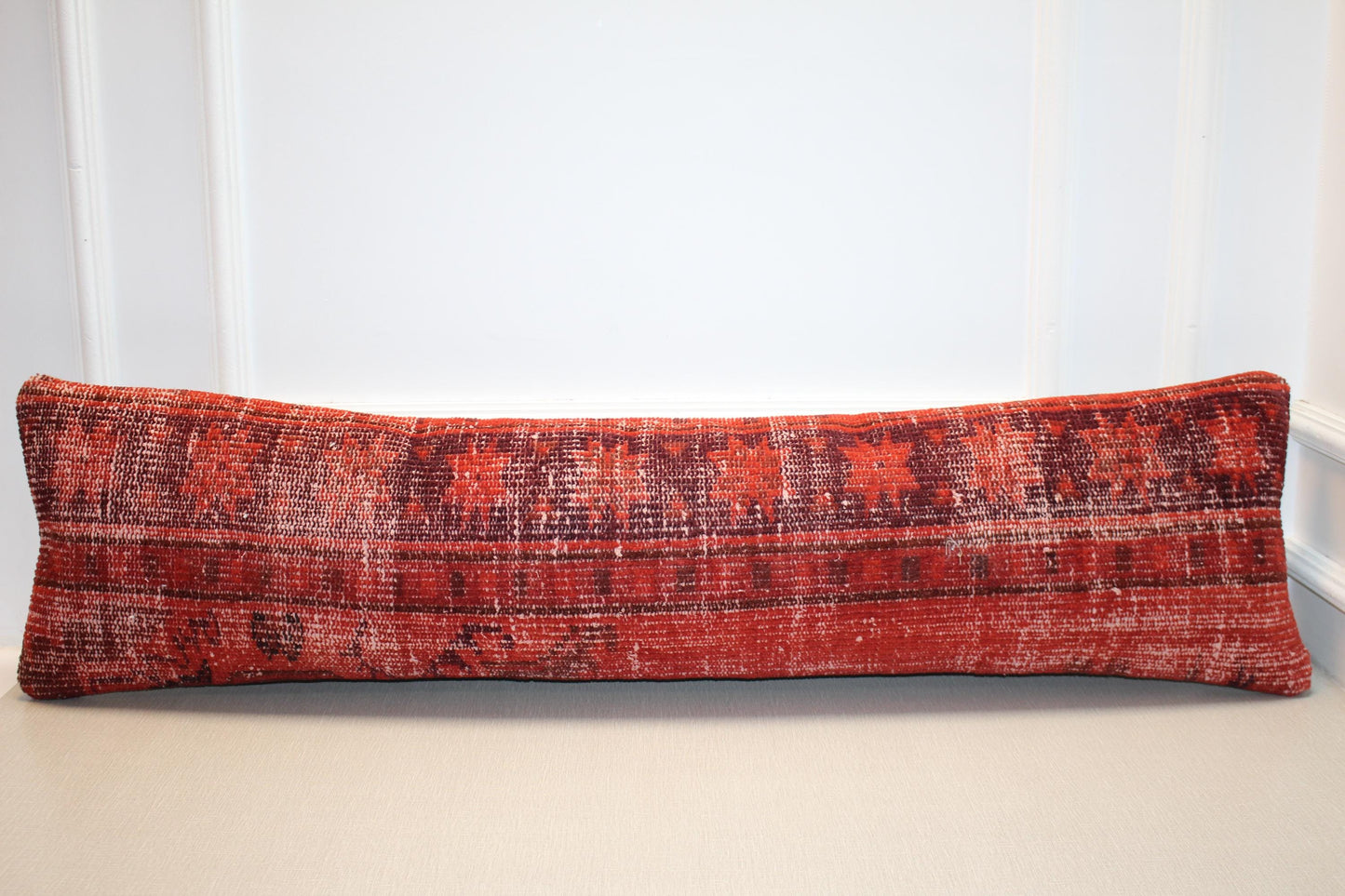 Vintage Turkish Rug Lumbar Pillow, Long Kilim Bench Cushion, Rustic Red Bolster, Boho Sofa