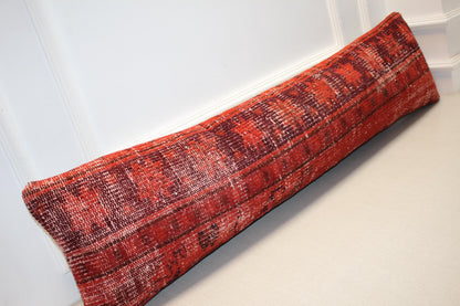 Vintage Turkish Rug Lumbar Pillow, Long Kilim Bench Cushion, Rustic Red Bolster, Boho Sofa