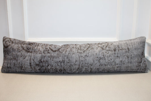 Vintage Turkish Rug Lumbar Pillow, Gray Kilim Bench Cushion, Long Boho Bolster, Rustic Decor