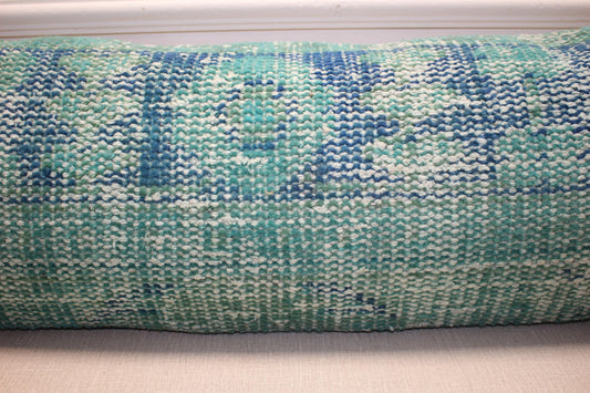 Vintage Turkish Rug Lumbar Pillow, Turquoise Kilim Bench Cushion, Long Boho Bolster, Aqua Decor