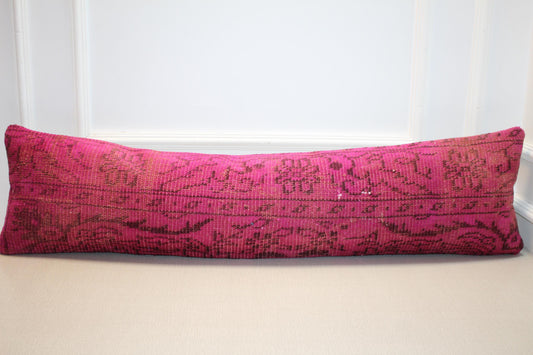 Vintage Turkish Rug Lumbar Pillow, Pink Kilim Bench Cushion, Long Magenta Bolster, Boho Decor