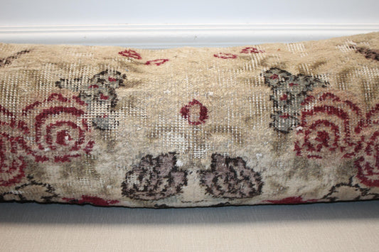 Vintage Turkish Rug Lumbar Pillow, Orange Kilim Bench Cushion, Long Boho Bolster, Rustic Greendecor
