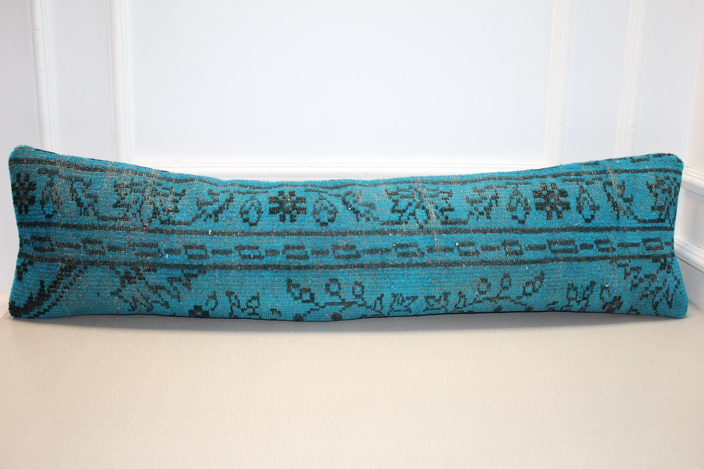 Vintage Turkish Rug Lumbar Pillow, Turquoise Kilim Bench Cushion, Long Boho Bolster,Teal BlueSofa