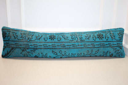 Vintage Turkish Rug Lumbar Pillow, Turquoise Kilim Bench Cushion, Long Boho Bolster,Teal BlueSofa